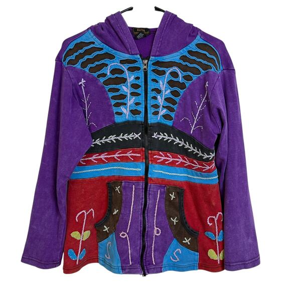 Rising International Hoodie Womens Large Purple Floral Hippie Embroidered Nepal - Picture 1 of 8